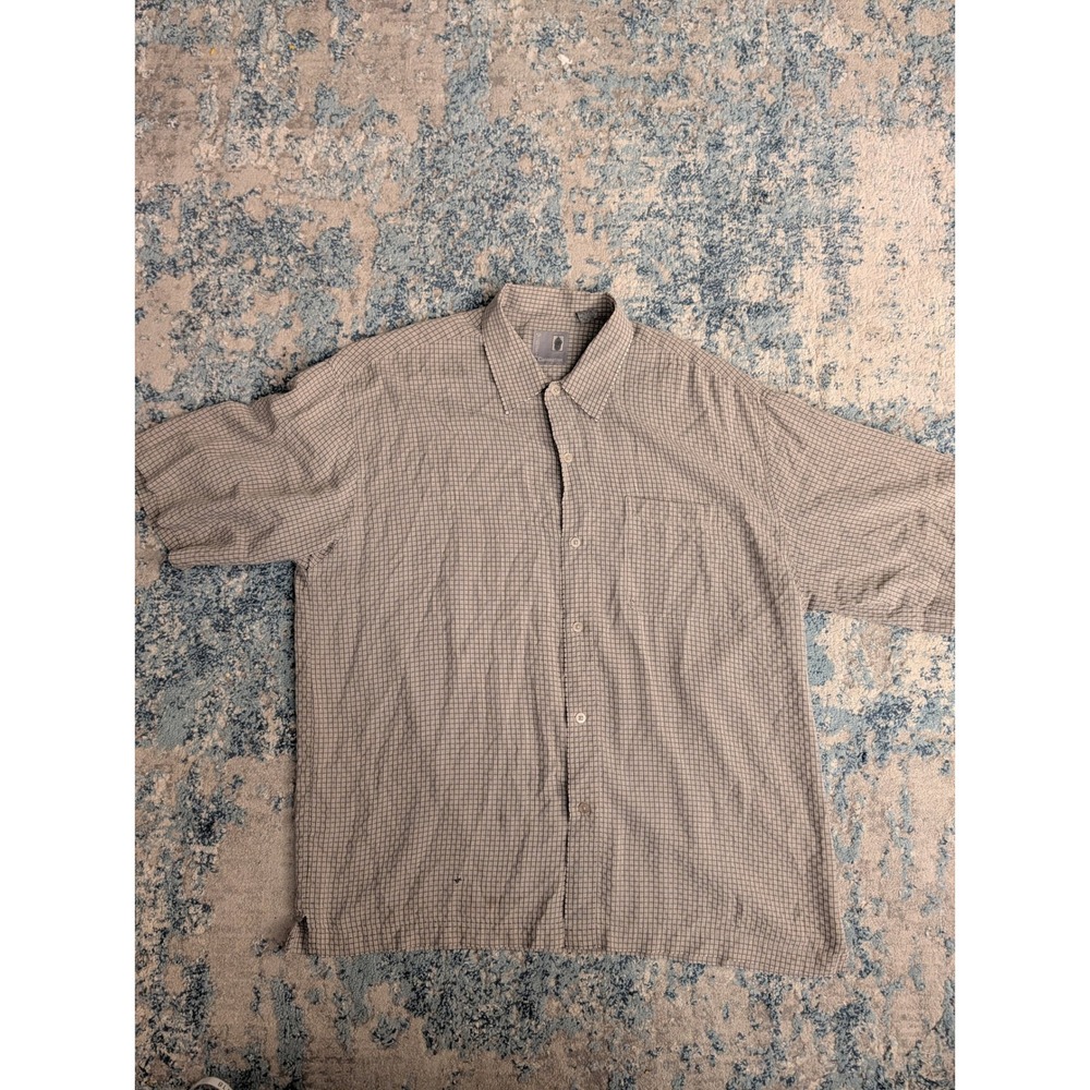 Pineapple Connection Mens XL Grey Blue Grid Short Sleeve Button Down Shirt Rayon